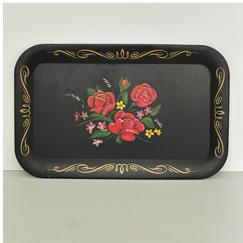 Vintage Black Metal Toleware Tray Red Roses Hand Painted Gold Scroll 14x9
